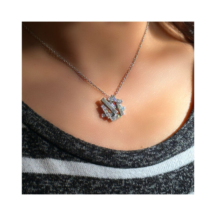 Diamond 1.50 Carat Geometric Necklace Set in 18K White Gold 16" Pendant 20mm