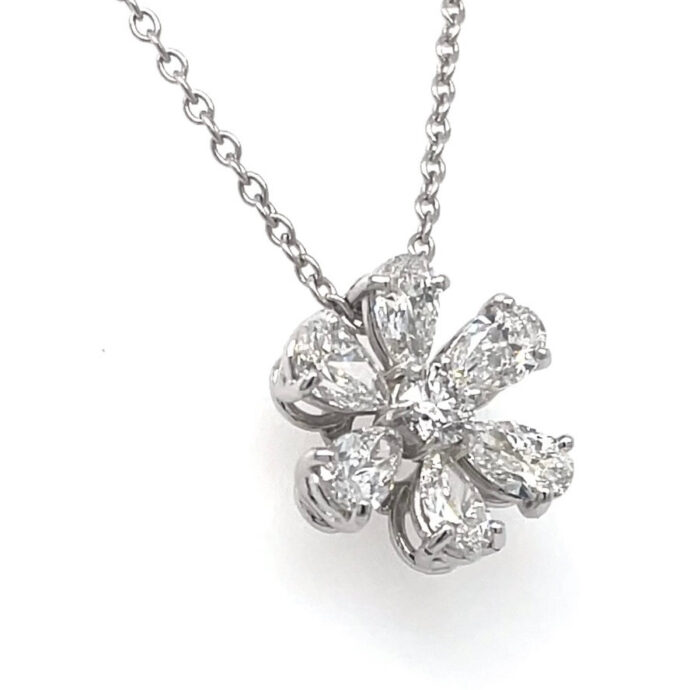 Natural Diamond Flower Necklace Pear and Rounds 2.59 Carats E-F Color GIA Certs.