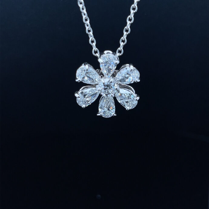 Natural Diamond Flower Necklace Pear and Rounds 2.59 Carats E-F Color GIA Certs.