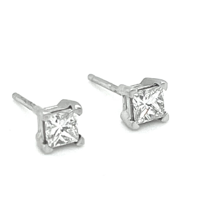 Princess cut Natural Diamond Stud Earrings 0.94 Carats 14K WG  4-Prong GIA Cert.