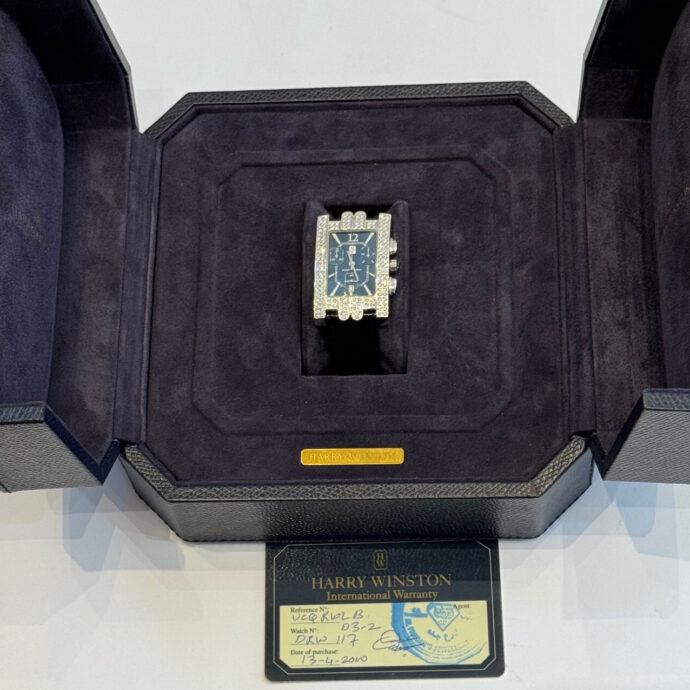 Harry Winston Avenue Diamond Watch 18K White Gold. Large Blue Face Original Box