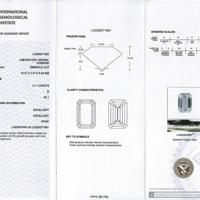 Diamond Emerald Cut 4.11 Carats. E VS1. Lab Grown Diamond. IGI Cert. Platinum