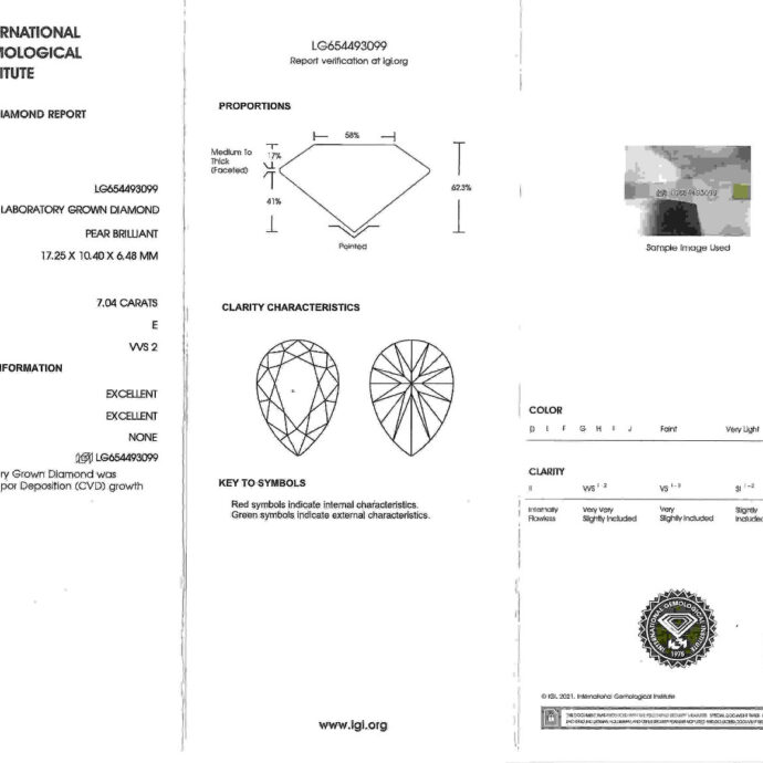 Diamond Pear Shape Engagement Ring 7.04 Carats E VVS2. Lab Grown 1.54 cts TB.