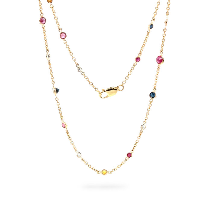 Diamond and Multi Color Gemstone Chain Necklace 32" Long  18K YG