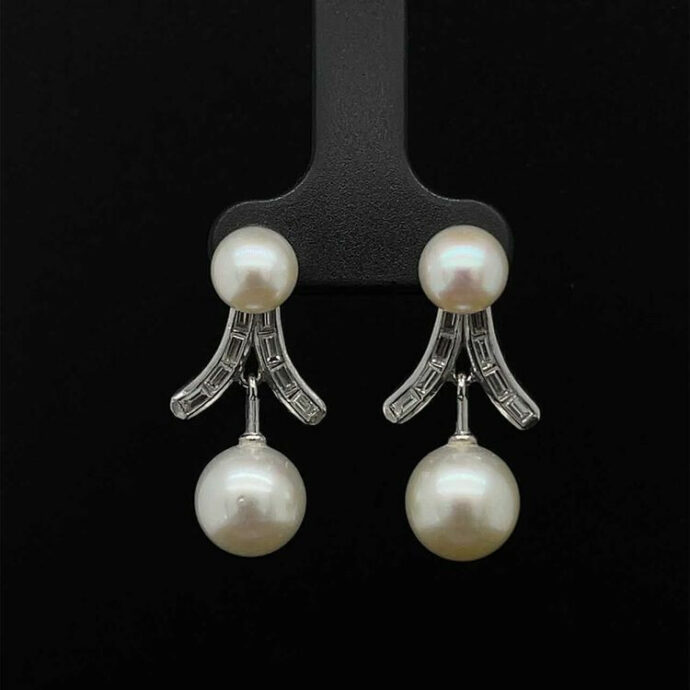 Pearl and Diamond Dangle Earrings 0.56 TCW in 14K White Gold