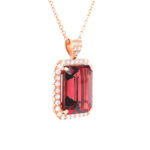 Rubellite Tourmaline Emerald Cut 30.75 carats  1.80 cts Diamond Necklace 18KG