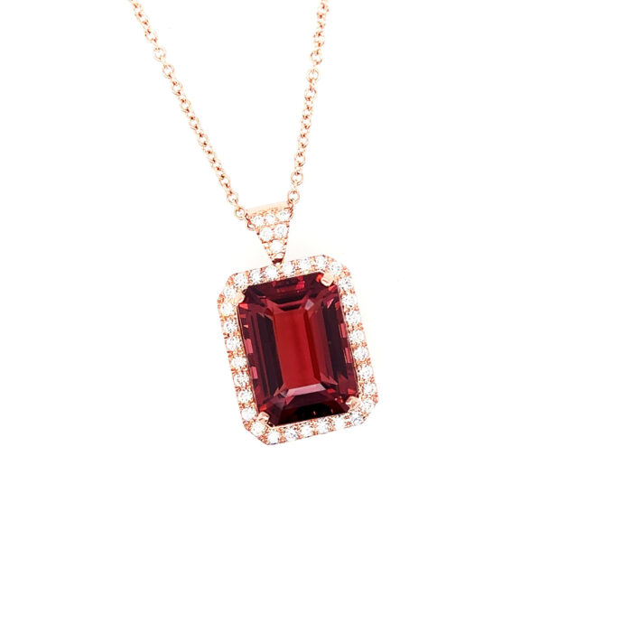 Rubellite Tourmaline Emerald Cut 30.75 carats  1.80 cts Diamond Necklace 18KG