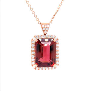 Rubellite Tourmaline Emerald Cut 30.75 carats  1.80 cts Diamond Necklace 18KG