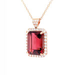 Rubellite Tourmaline Emerald Cut 30.75 carats  1.80 cts Diamond Necklace 18KG