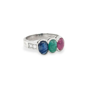 Three-Stone Cabochon Ring with 0.26 cts Diamond in 18K White Gold