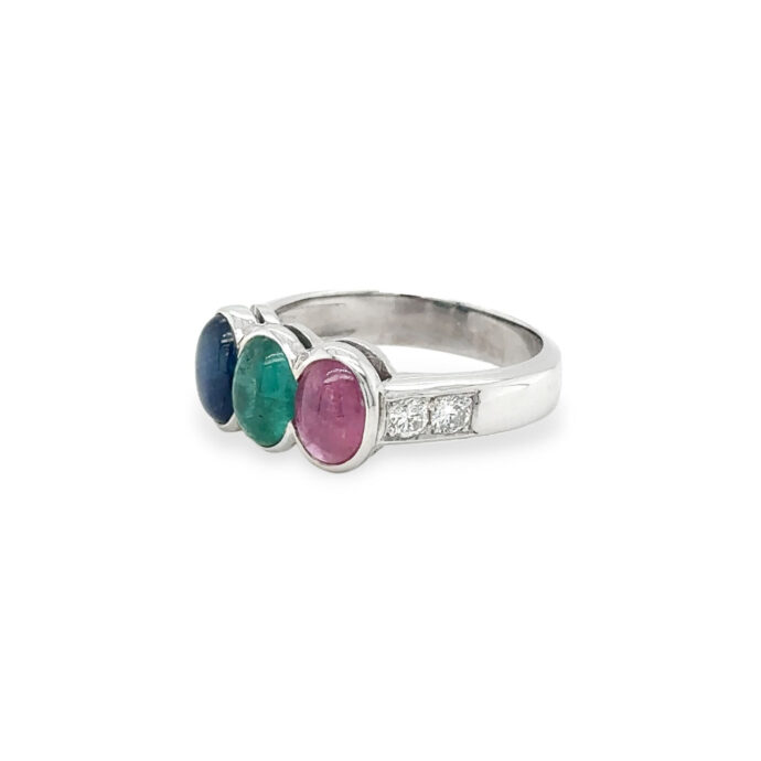 Three-Stone Cabochon Ring with 0.26 cts Diamond in 18K White Gold