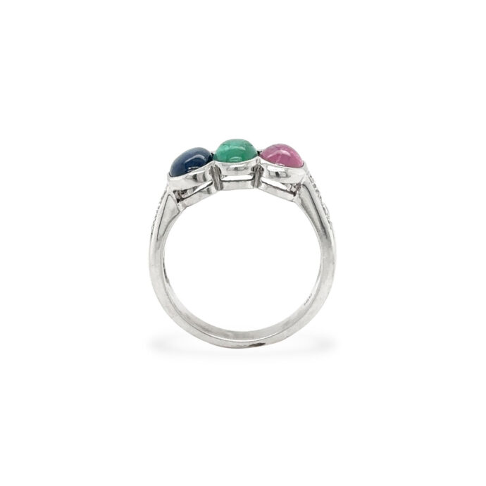 Three-Stone Cabochon Ring with 0.26 cts Diamond in 18K White Gold