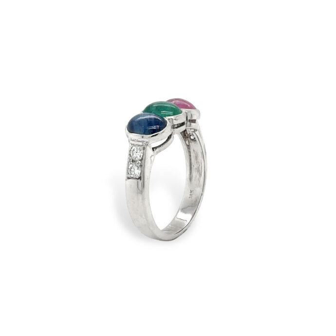 Three-Stone Cabochon Ring with 0.26 cts Diamond in 18K White Gold
