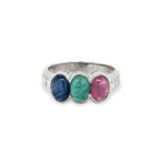 Three-Stone Cabochon Ring with 0.26 cts Diamond in 18K White Gold