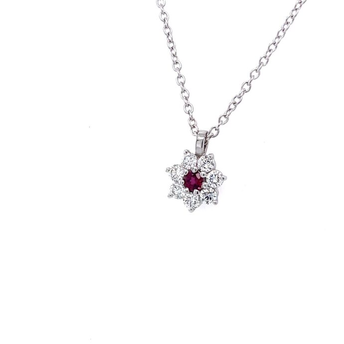 Diamond and Ruby Pendant/Neclace. 18K White Gold. 18” long.