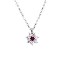 Diamond and Ruby Pendant/Neclace. 18K White Gold. 18” long.