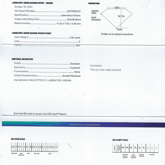 Oval Diamond Engagement Ring. 2.64 Carats E VS1 0.73 Halo Lab Grown 18KWG. GIA.