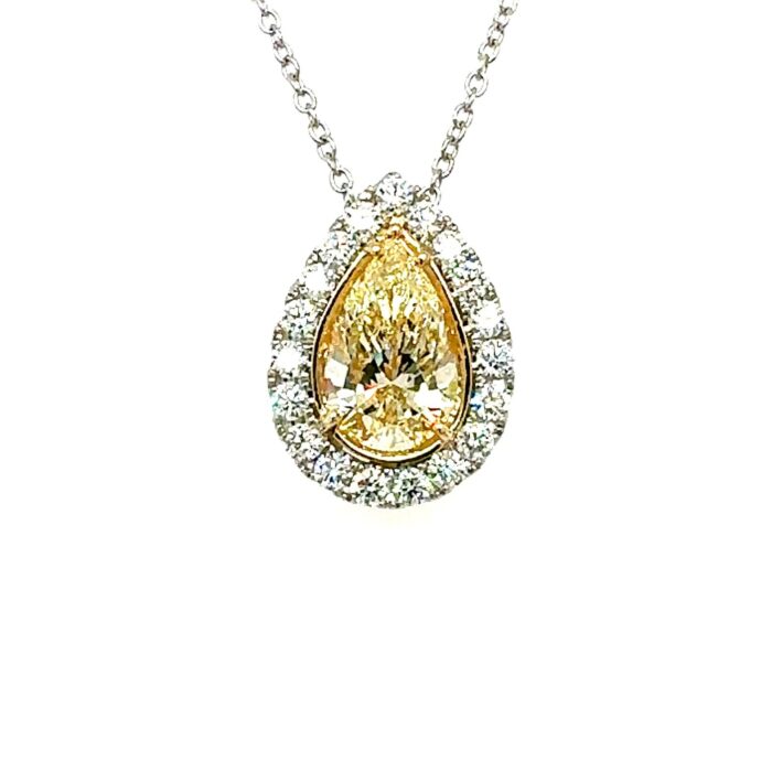 Yellow Diamond Pear Shape Necklace 4.19 carats 2 Carat halo Plat/18K Natural GIA