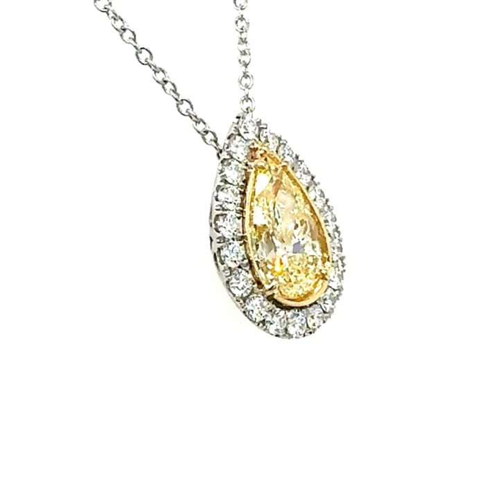 Yellow Diamond Pear Shape Necklace 4.19 carats 2 Carat halo Plat/18K Natural GIA
