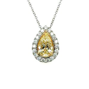 Yellow Diamond Pear Shape Necklace 4.19 carats 2 Carat halo Plat/18K Natural GIA