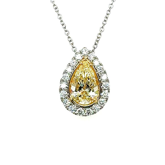 Yellow Diamond Pear Shape Necklace 4.19 carats 2 Carat halo Plat/18K Natural GIA