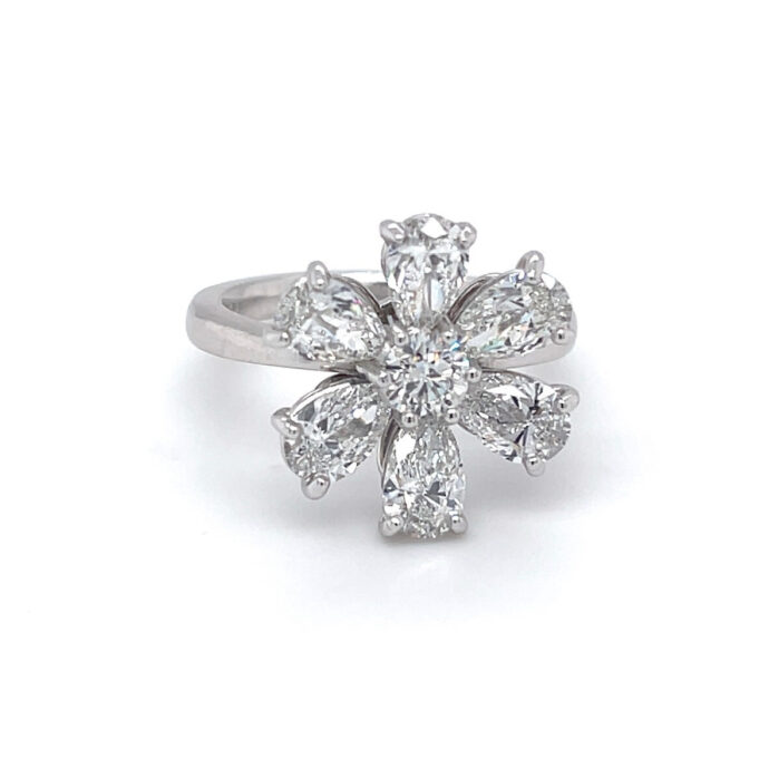 Diamond Flower Pear Shape and Round  Ring 2.72 Carats D-F Color GIA Certificates