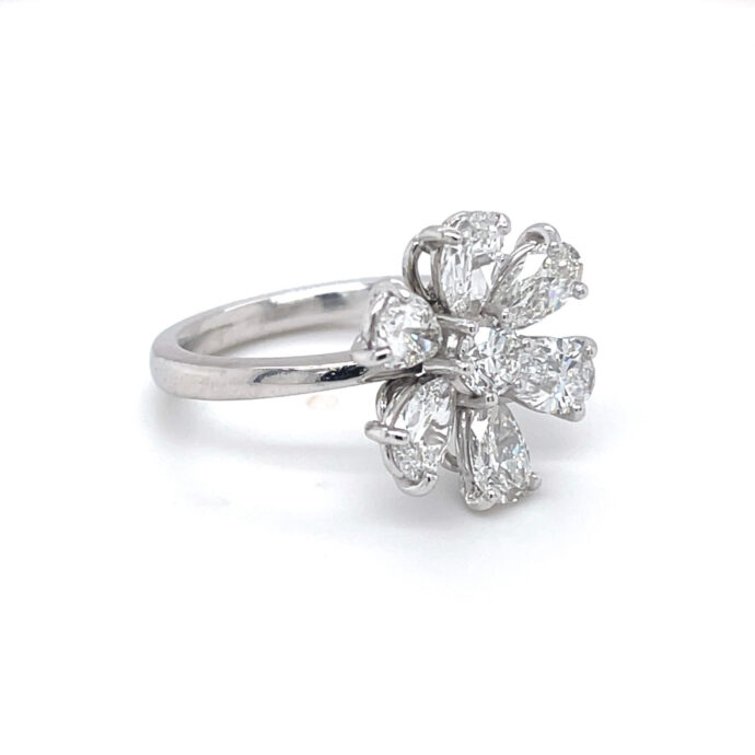 Diamond Flower Pear Shape and Round  Ring 2.72 Carats D-F Color GIA Certificates