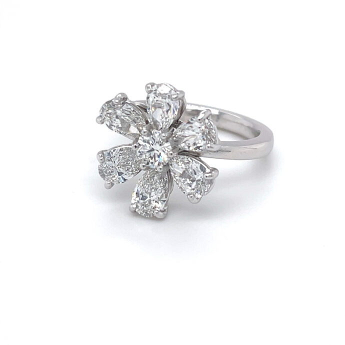 Diamond Flower Pear Shape and Round  Ring 2.72 Carats D-F Color GIA Certificates