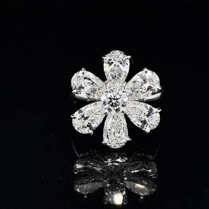 Diamond Flower Pear Shape and Round  Ring 2.72 Carats D-F Color GIA Certificates