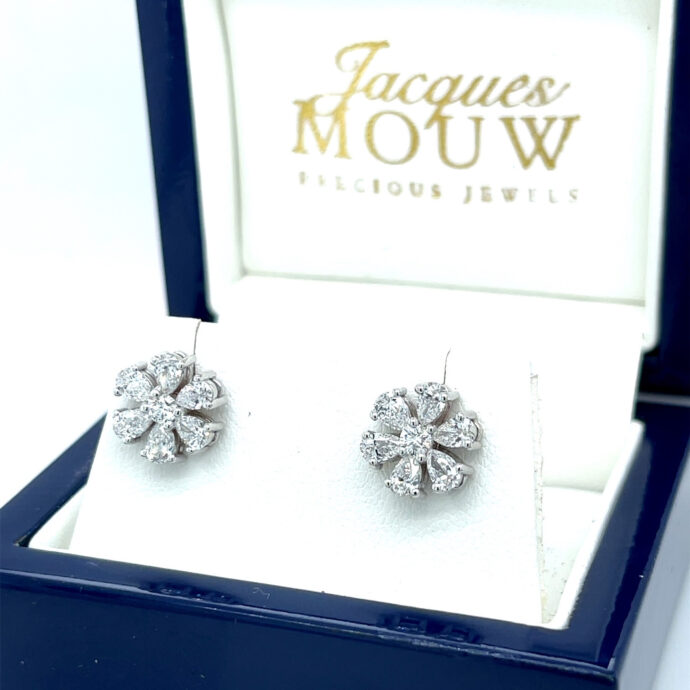 Diamond Pear Shape and Round Flower Earrings 1.40 carats D-F Color VVS/VS 18KWG