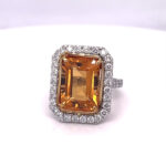 Emerald Cut Citrine and Diamond Ring 7.71 carats. Set in Platinum/18KYG