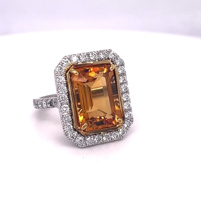 Emerald Cut Citrine and Diamond Ring 7.71 carats. Set in Platinum/18KYG