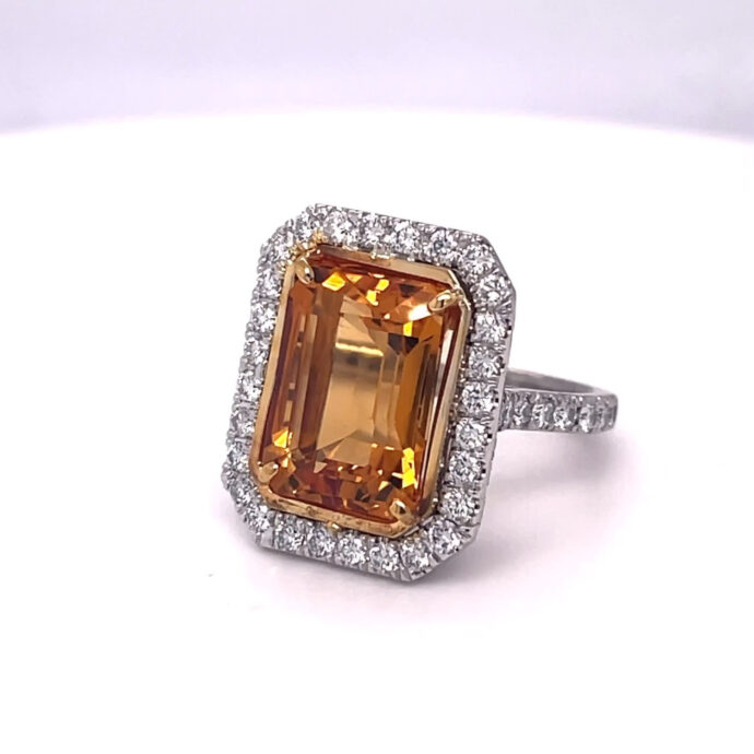 Emerald Cut Citrine and Diamond Ring 7.71 carats. Set in Platinum/18KYG