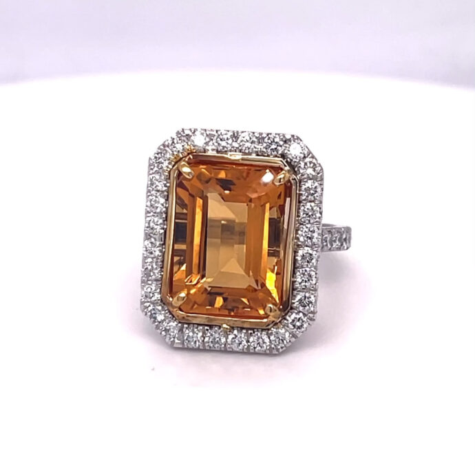 Emerald Cut Citrine and Diamond Ring 7.71 carats. Set in Platinum/18KYG