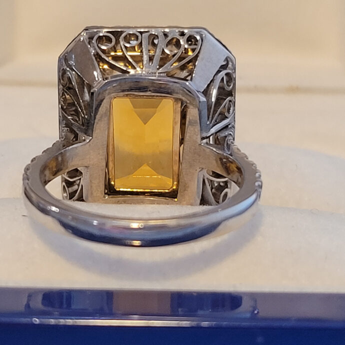 Emerald Cut Citrine and Diamond Ring 7.71 carats. Set in Platinum/18KYG