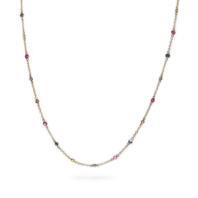 Diamond and Ruby, Sapphire Multi Colors Gemstone Chain Necklace 24" Long  18K YG