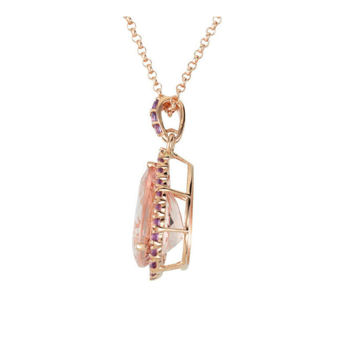 Necklace with Pear Shape  Natural Morganite and Round Amethyst 14K Rose Gold