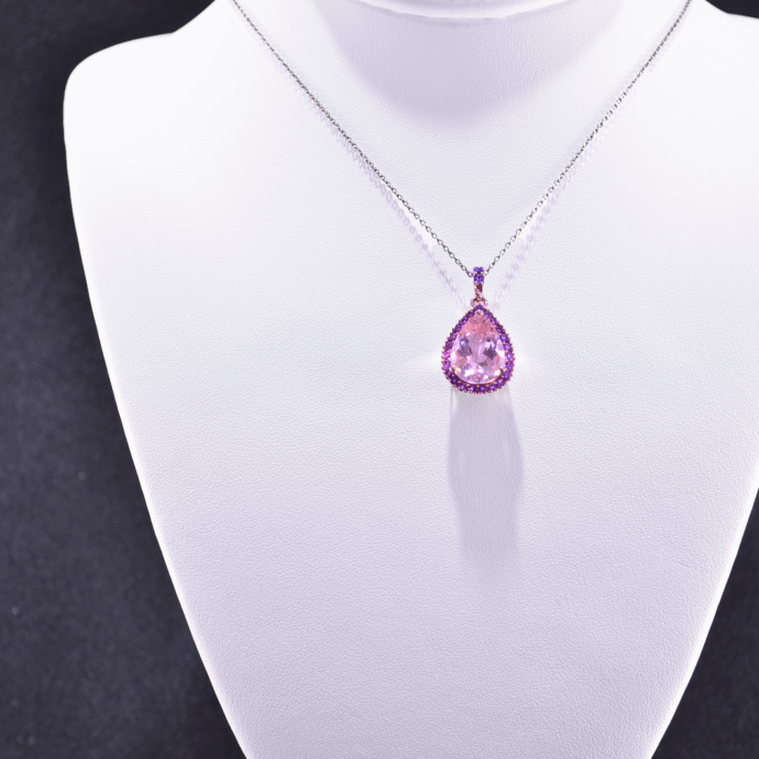 Necklace with Pear Shape  Natural Morganite and Round Amethyst 14K Rose Gold
