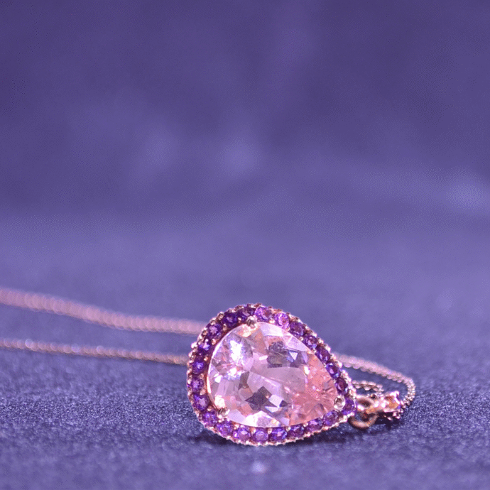 Necklace with Pear Shape  Natural Morganite and Round Amethyst 14K Rose Gold