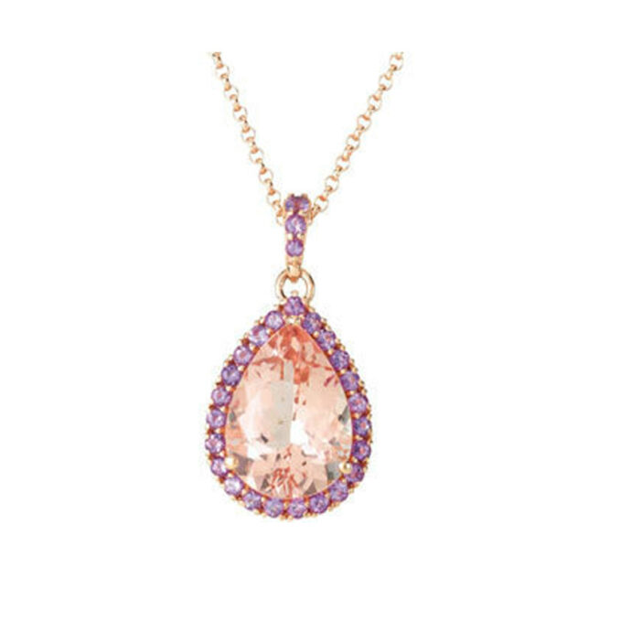 Necklace with Pear Shape  Natural Morganite and Round Amethyst 14K Rose Gold