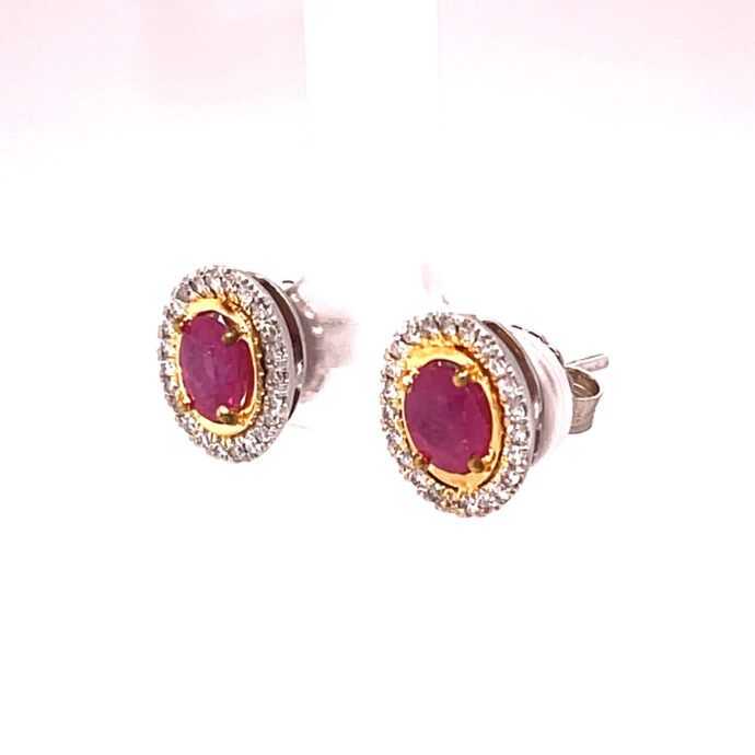 Oval Natural Ruby and Diamond Stud Earrings. Oval Rubies. 2.29 carats. 18KWG/YG