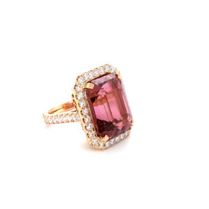 Pink Tourmaline  21.27 carats GIA. Emerald Cut and Diamond Ring 18K Rose Gold.